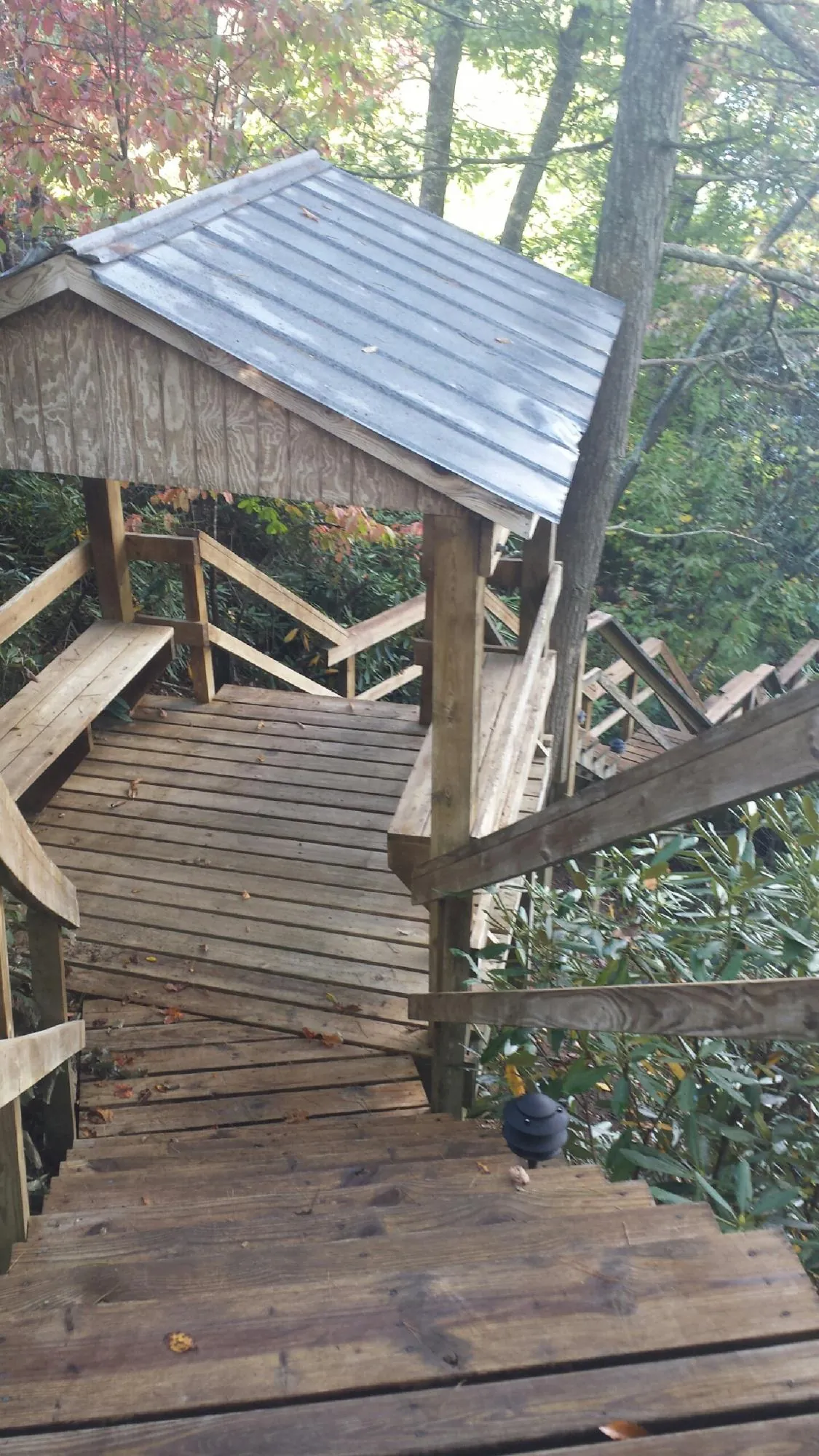 Metal roofed shelter over wooden steps on a wooded walkway — Skylight Repair & Installation work by our crew in Potlatch